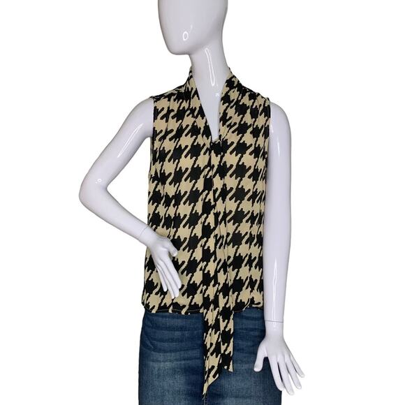 Covington Blouse Button Down Sleeveless Size M Tan and Black Houndstooth Print - Picture 1 of 10